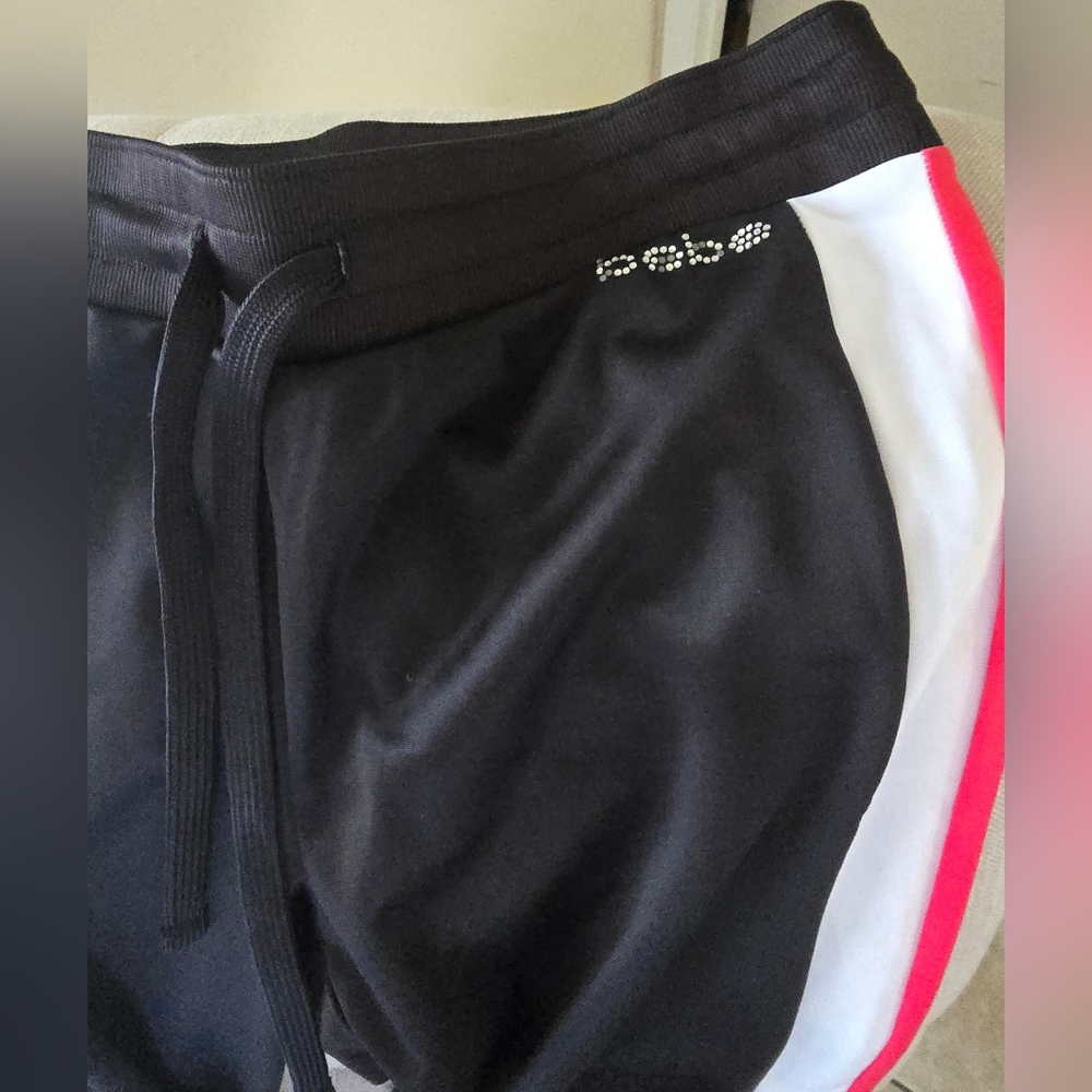 Bebe Sports Tricot Black w/Red& White Stripe Track Pants, Flare Leg Drawstring S
